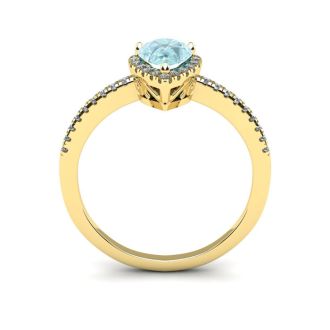 Aquamarine Ring: Aquamarine Jewelry: 3/4 Carat Pear Shape Aquamarine and Halo Diamond Ring In 14 Karat Yellow Gold