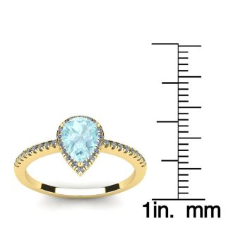 Aquamarine Ring: Aquamarine Jewelry: 3/4 Carat Pear Shape Aquamarine and Halo Diamond Ring In 14 Karat Yellow Gold