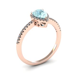 Aquamarine Ring: Aquamarine Jewelry: 3/4 Carat Pear Shape Aquamarine and Halo Diamond Ring In 14 Karat Rose Gold