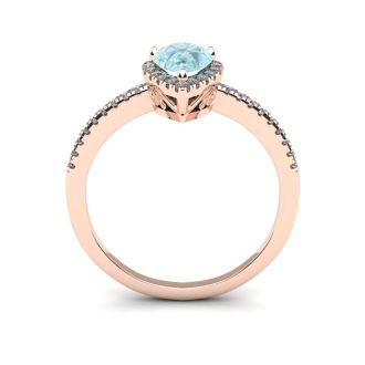 Aquamarine Ring: Aquamarine Jewelry: 3/4 Carat Pear Shape Aquamarine and Halo Diamond Ring In 14 Karat Rose Gold