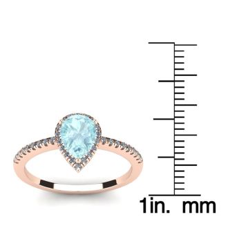 Aquamarine Ring: Aquamarine Jewelry: 3/4 Carat Pear Shape Aquamarine and Halo Diamond Ring In 14 Karat Rose Gold
