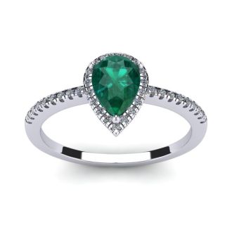 3/4 Carat Pear Shape Emerald and Halo Diamond Ring In 14 Karat White Gold