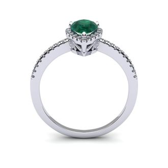 3/4 Carat Pear Shape Emerald and Halo Diamond Ring In 14 Karat White Gold