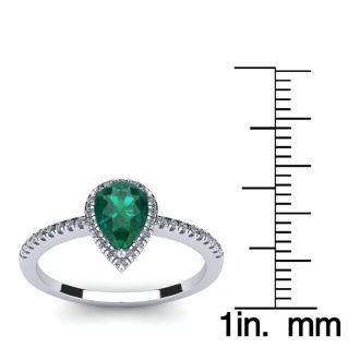 3/4 Carat Pear Shape Emerald and Halo Diamond Ring In 14 Karat White Gold