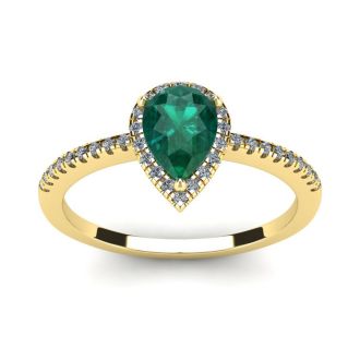 3/4 Carat Pear Shape Emerald and Halo Diamond Ring In 14 Karat Yellow Gold