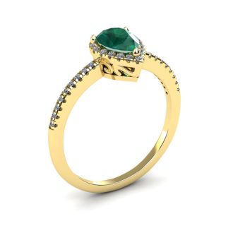 3/4 Carat Pear Shape Emerald and Halo Diamond Ring In 14 Karat Yellow Gold