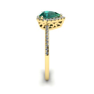 3/4 Carat Pear Shape Emerald and Halo Diamond Ring In 14 Karat Yellow Gold