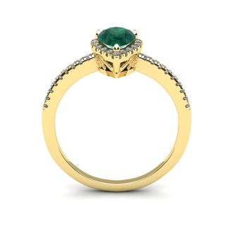 3/4 Carat Pear Shape Emerald and Halo Diamond Ring In 14 Karat Yellow Gold
