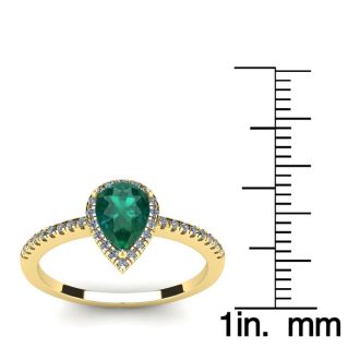 3/4 Carat Pear Shape Emerald and Halo Diamond Ring In 14 Karat Yellow Gold