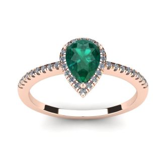 3/4 Carat Pear Shape Emerald and Halo Diamond Ring In 14 Karat Rose Gold