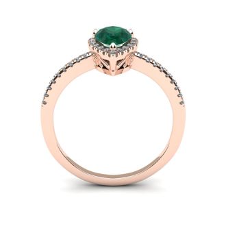 3/4 Carat Pear Shape Emerald and Halo Diamond Ring In 14 Karat Rose Gold