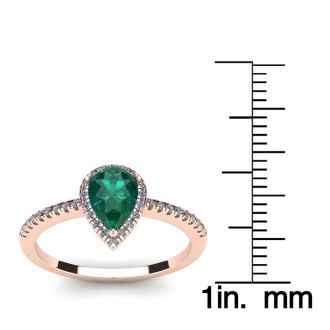 3/4 Carat Pear Shape Emerald and Halo Diamond Ring In 14 Karat Rose Gold