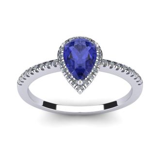 1 Carat Pear Shape Tanzanite and Halo Diamond Ring In 14 Karat White Gold