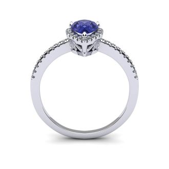 1 Carat Pear Shape Tanzanite and Halo Diamond Ring In 14 Karat White Gold