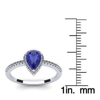 1 Carat Pear Shape Tanzanite and Halo Diamond Ring In 14 Karat White Gold