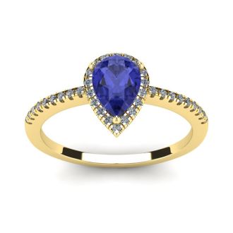 1 Carat Pear Shape Tanzanite and Halo Diamond Ring In 14 Karat Yellow Gold