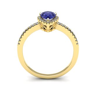 1 Carat Pear Shape Tanzanite and Halo Diamond Ring In 14 Karat Yellow Gold