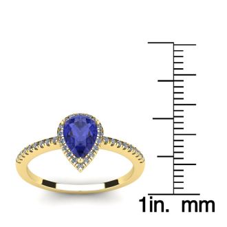 1 Carat Pear Shape Tanzanite and Halo Diamond Ring In 14 Karat Yellow Gold