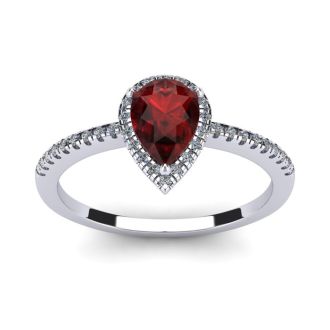 Garnet Ring: Garnet Jewelry: 1 Carat Pear Shape Garnet and Halo Diamond Ring In 14 Karat White Gold