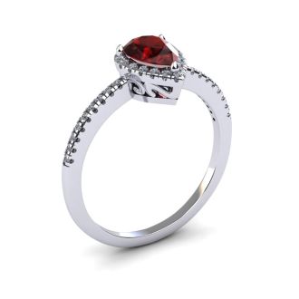 Garnet Ring: Garnet Jewelry: 1 Carat Pear Shape Garnet and Halo Diamond Ring In 14 Karat White Gold
