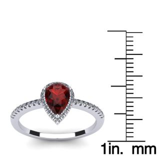 Garnet Ring: Garnet Jewelry: 1 Carat Pear Shape Garnet and Halo Diamond Ring In 14 Karat White Gold
