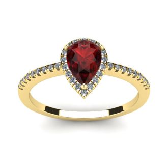 Garnet Ring: Garnet Jewelry: 1 Carat Pear Shape Garnet and Halo Diamond Ring In 14 Karat Yellow Gold