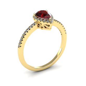 Garnet Ring: Garnet Jewelry: 1 Carat Pear Shape Garnet and Halo Diamond Ring In 14 Karat Yellow Gold