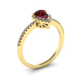 Garnet Ring: Garnet Jewelry: 1 Carat Pear Shape Garnet and Halo Diamond Ring In 14 Karat Yellow Gold
