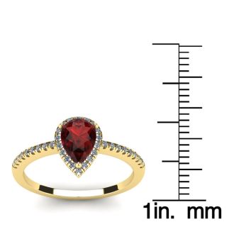 Garnet Ring: Garnet Jewelry: 1 Carat Pear Shape Garnet and Halo Diamond Ring In 14 Karat Yellow Gold