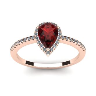 Garnet Ring: Garnet Jewelry: 1 Carat Pear Shape Garnet and Halo Diamond Ring In 14 Karat Rose Gold