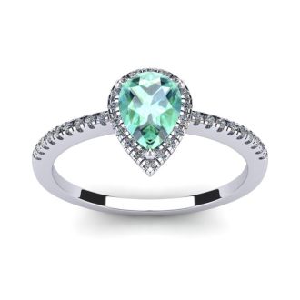 3/4 Carat Pear Shape Green Amethyst and Halo Diamond Ring In 14 Karat White Gold