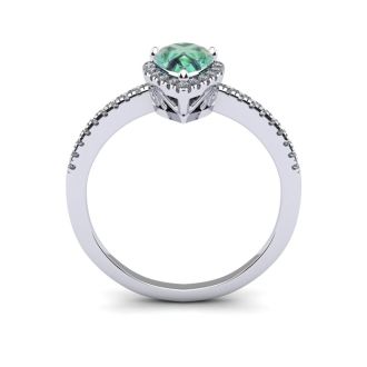 3/4 Carat Pear Shape Green Amethyst and Halo Diamond Ring In 14 Karat White Gold