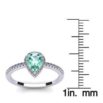 3/4 Carat Pear Shape Green Amethyst and Halo Diamond Ring In 14 Karat White Gold