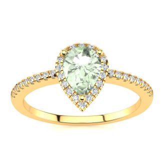 3/4 Carat Pear Shape Green Amethyst and Halo Diamond Ring In 14 Karat Yellow Gold