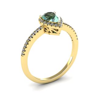 3/4 Carat Pear Shape Green Amethyst and Halo Diamond Ring In 14 Karat Yellow Gold