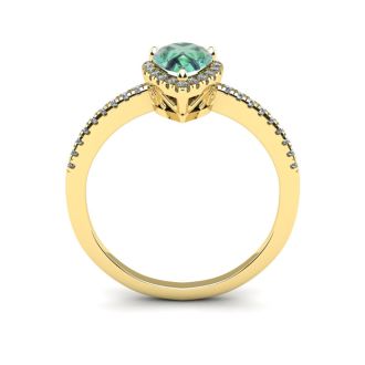 3/4 Carat Pear Shape Green Amethyst and Halo Diamond Ring In 14 Karat Yellow Gold