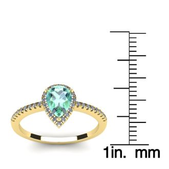 3/4 Carat Pear Shape Green Amethyst and Halo Diamond Ring In 14 Karat Yellow Gold
