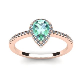 3/4 Carat Pear Shape Green Amethyst and Halo Diamond Ring In 14 Karat Rose Gold