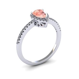 3/4 Carat Pear Shape Morganite and Halo Diamond Ring In 14 Karat White Gold