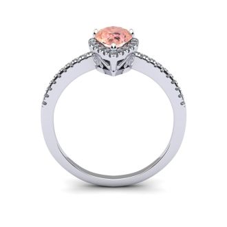 3/4 Carat Pear Shape Morganite and Halo Diamond Ring In 14 Karat White Gold