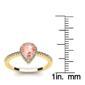 3/4 Carat Pear Shape Morganite and Halo Diamond Ring In 14 Karat Yellow Gold