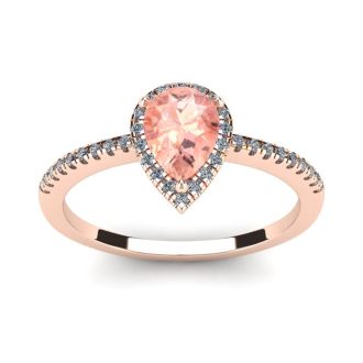 3/4 Carat Pear Shape Morganite and Halo Diamond Ring In 14 Karat Rose Gold