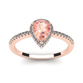 3/4 Carat Pear Shape Morganite and Halo Diamond Ring In 14 Karat Rose Gold