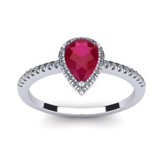1 Carat Pear Shape Ruby and Halo Diamond Ring In 14 Karat White Gold