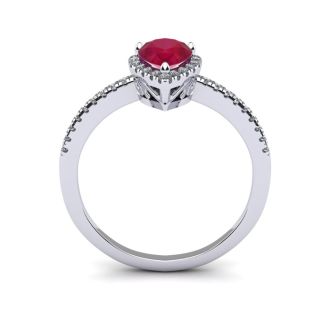 1 Carat Pear Shape Ruby and Halo Diamond Ring In 14 Karat White Gold