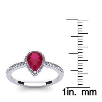 1 Carat Pear Shape Ruby and Halo Diamond Ring In 14 Karat White Gold
