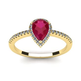 1 Carat Pear Shape Ruby and Halo Diamond Ring In 14 Karat Yellow Gold