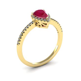 1 Carat Pear Shape Ruby and Halo Diamond Ring In 14 Karat Yellow Gold