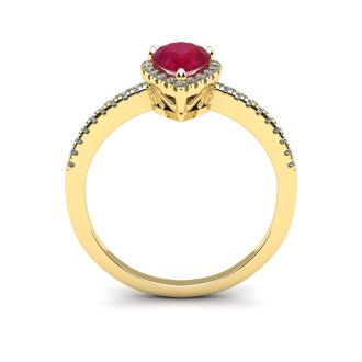 1 Carat Pear Shape Ruby and Halo Diamond Ring In 14 Karat Yellow Gold