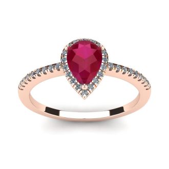 1 Carat Pear Shape Ruby and Halo Diamond Ring In 14 Karat Rose Gold